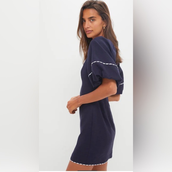 Tuckernuck Navy Striped Piping Keel Puff Sleeve Mini Dress with White Trim XS - Picture 3 of 5